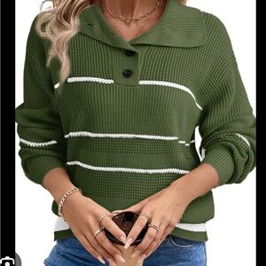 Olive Green Striped Women's Cowl Neck Sweater